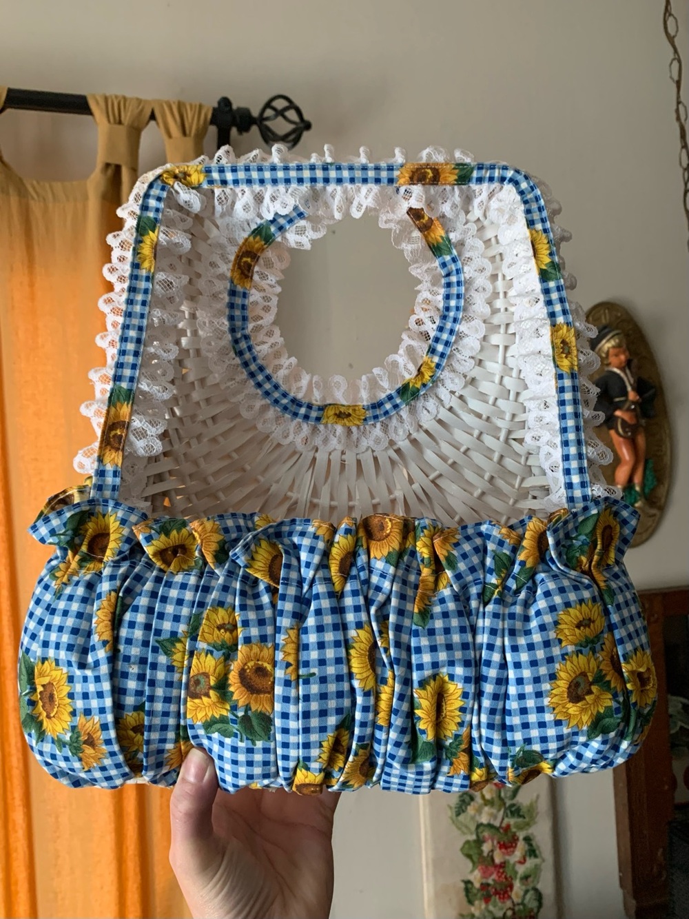 Vintage Cottagecore Sunflower Blue Gingham Wicker Wall Pocket Basket Hanger